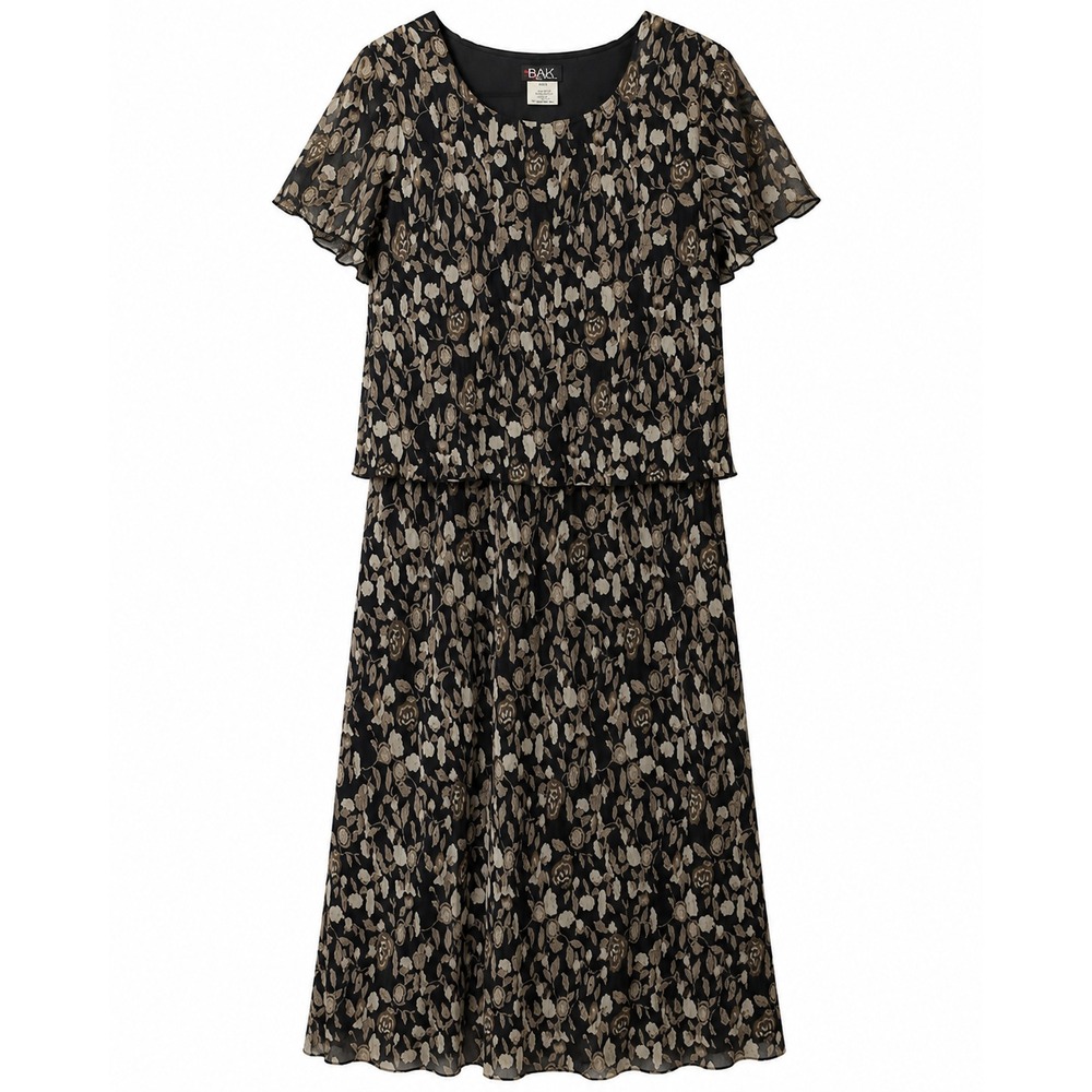 Helene Blake Floral Plisse Maxi Dress  Size 12  Black Tan Layered Bodice